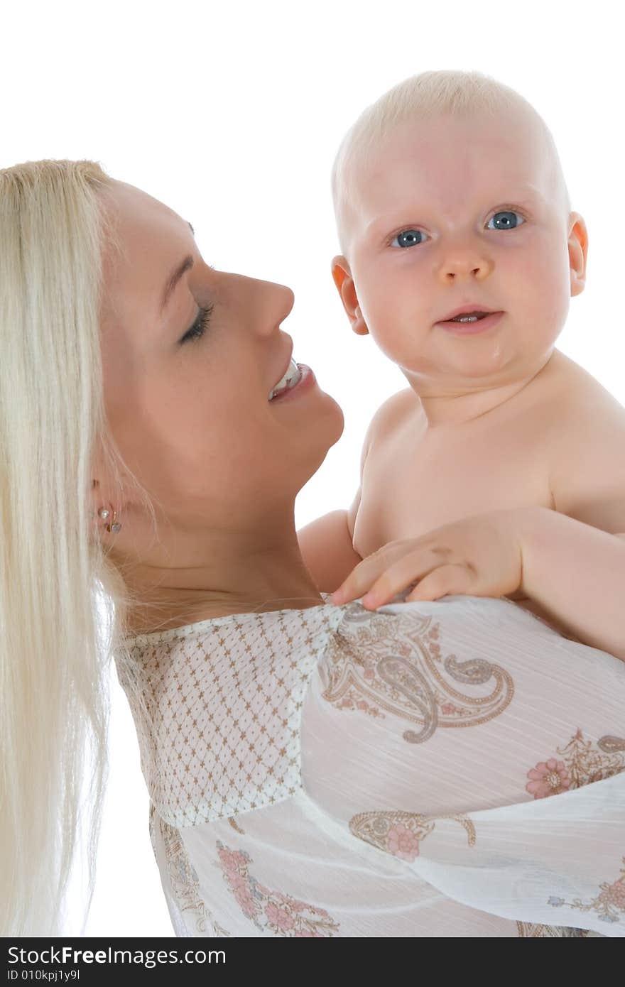 Happy mother with baby over white