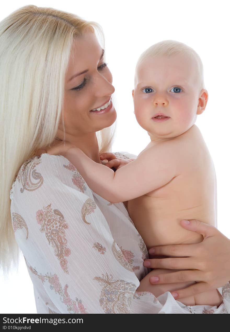 Happy mother with baby over white