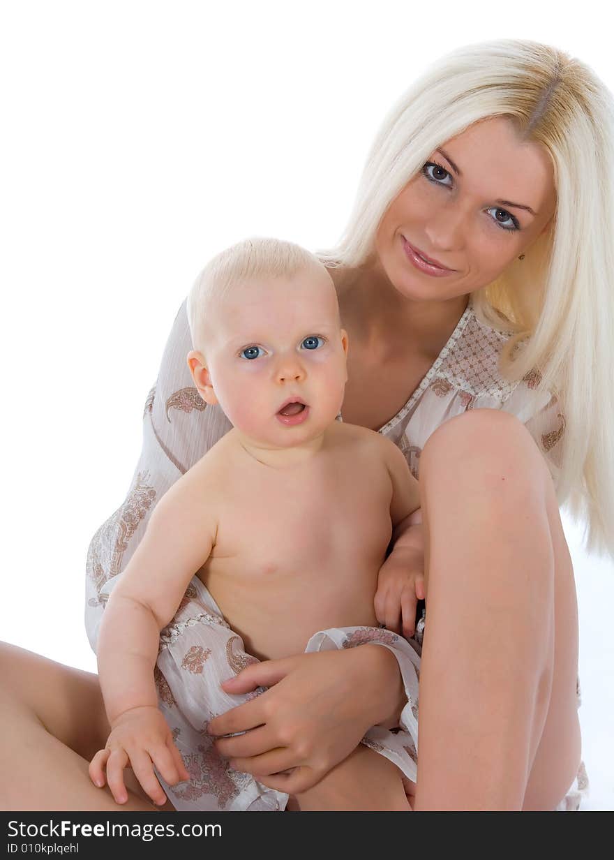 Happy mother with baby over white