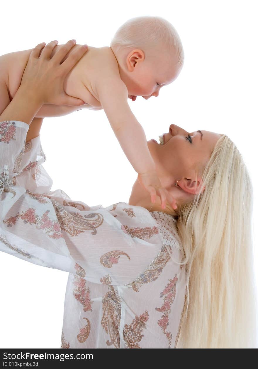 Happy mother with baby over white