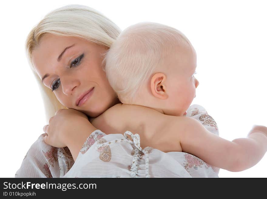 Happy mother with baby over white