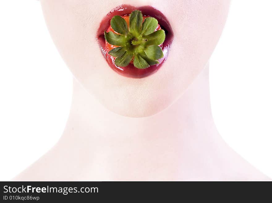 Girl with strawberry in her lips. Girl with strawberry in her lips