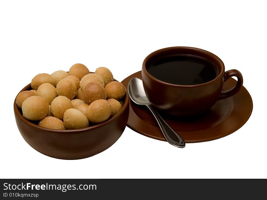 Cup of black tea with sea-biscuit on white background. Cup of black tea with sea-biscuit on white background