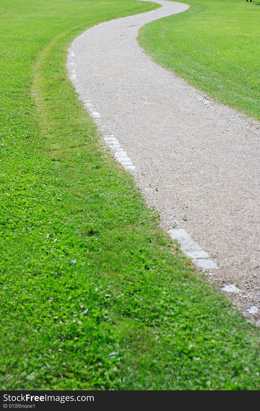 Winding footpath through green meadow