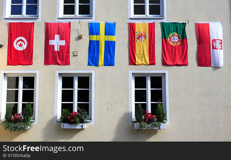 European flags, decoration on a house during UEFA Euro 2008 football championship