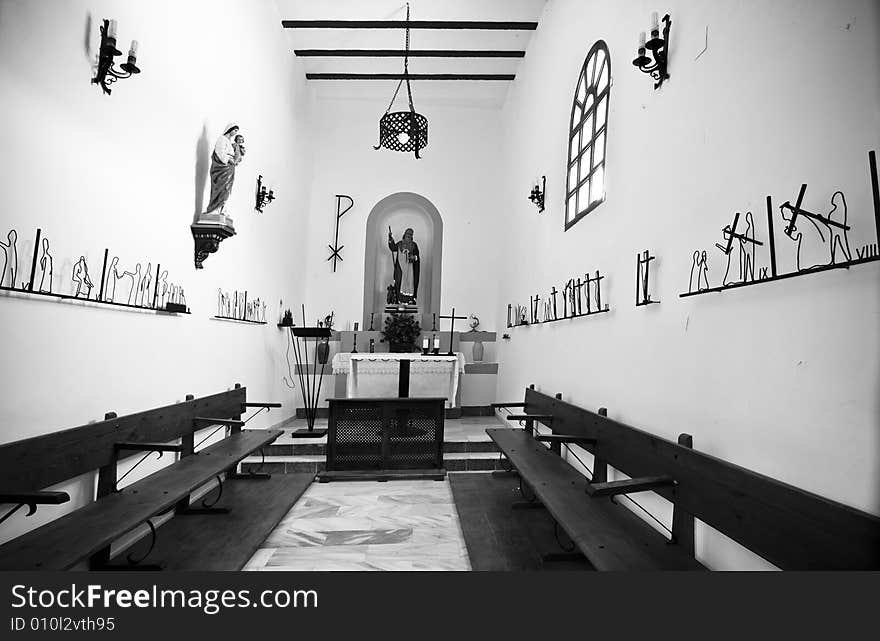 Little chapel interior in black and white tone. Little chapel interior in black and white tone.