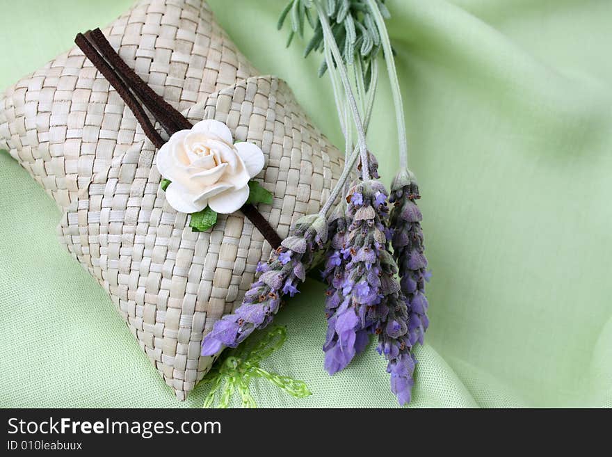 Woven sachet containing soap with fresh lavender. Woven sachet containing soap with fresh lavender