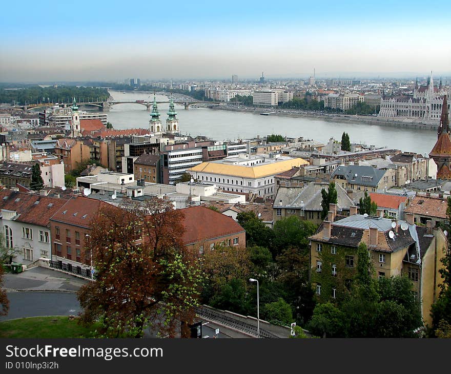 The city of Buda and Pest separated by Danube river separating. The city of Buda and Pest separated by Danube river separating