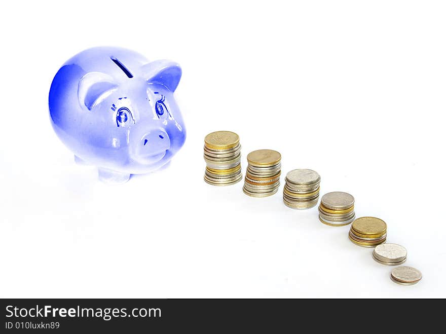 Piggy bank  isolated on white background with coins