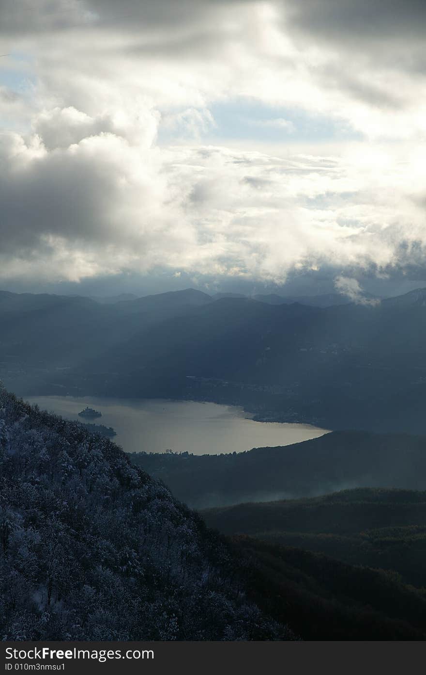 A snowy winter landscapes with lake. A snowy winter landscapes with lake