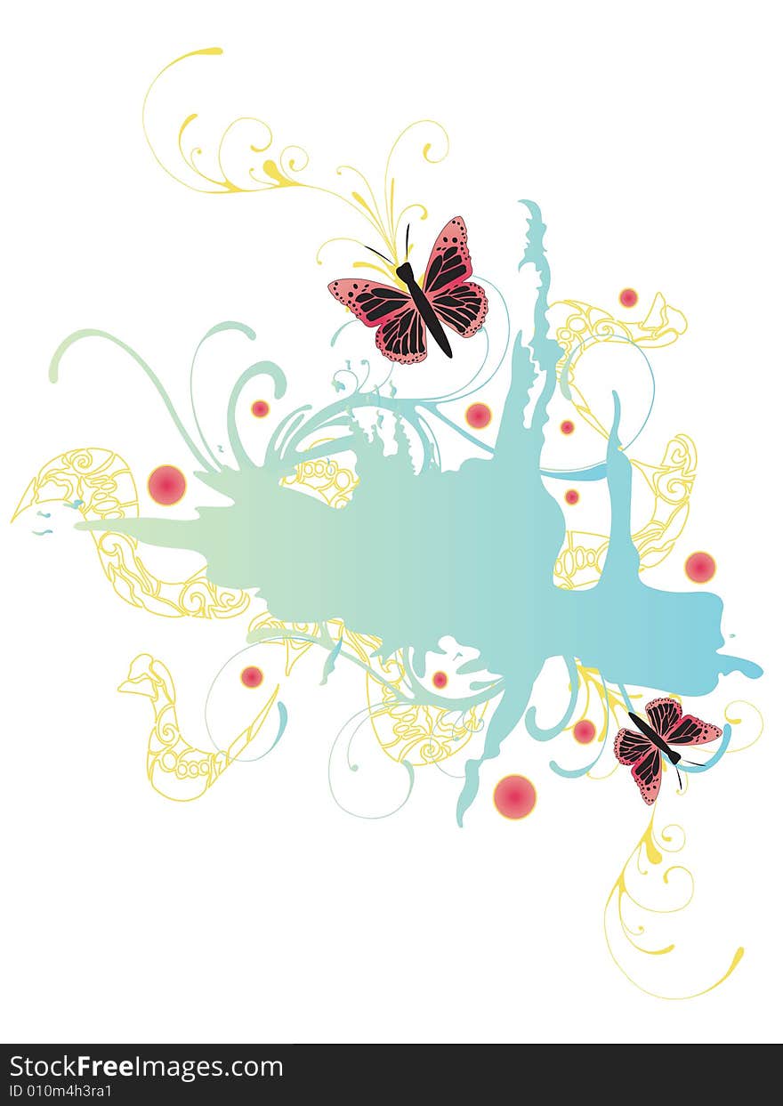 Illustration of a grungy background with butterflies