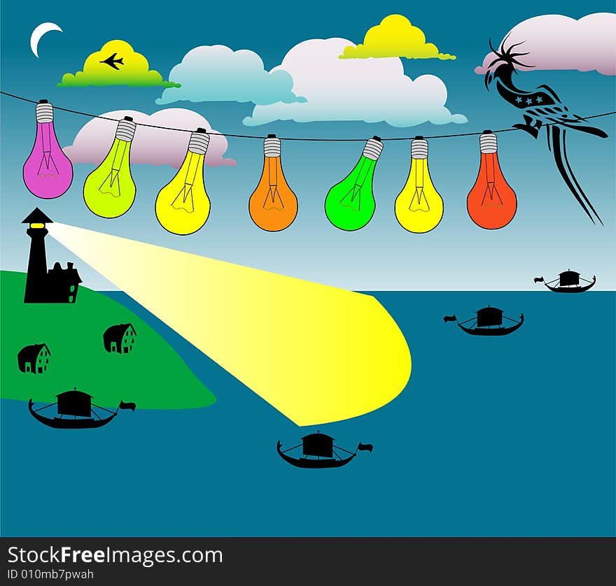 Abstract colored illustration with lighthouse, boat shapes navigating on the sea and exotic bird sitting on a wire with colored bulbs. Abstract colored illustration with lighthouse, boat shapes navigating on the sea and exotic bird sitting on a wire with colored bulbs