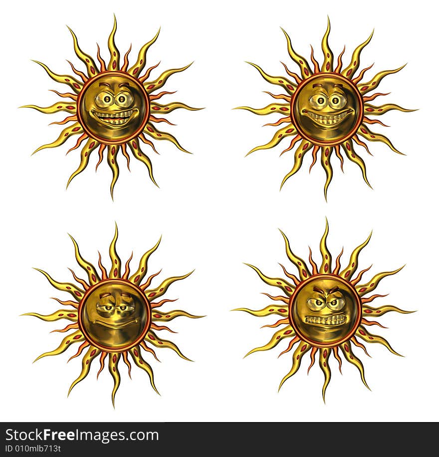 3D render of four golden emotisuns: sneering, smiling, serene and angry.