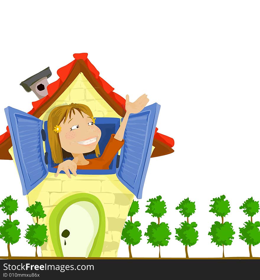 A girl with brown hair and a huge smile is waving from her window with blue shadows, the house has a red roof and a grey chimney. The house is made of yellow bricks and circled by trees. A girl with brown hair and a huge smile is waving from her window with blue shadows, the house has a red roof and a grey chimney. The house is made of yellow bricks and circled by trees.