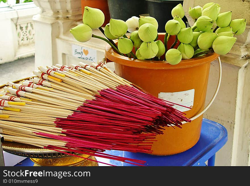 Flower bud and incense for praying in Thailand. Flower bud and incense for praying in Thailand