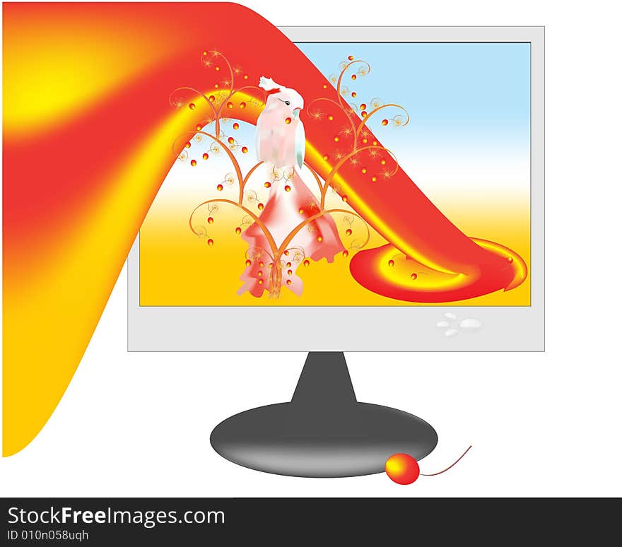 The bright image of a bird on the monitor of a computer shows opportunities of transfer of color of this device. The bright image of a bird on the monitor of a computer shows opportunities of transfer of color of this device