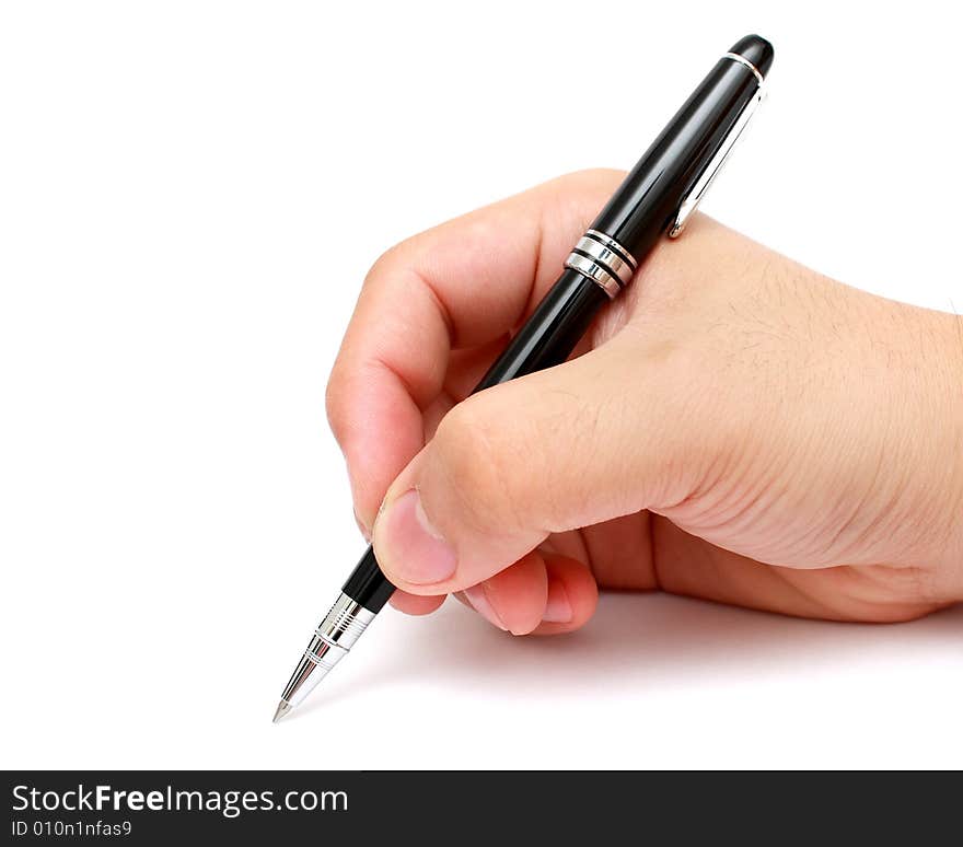 Hand writing with a pen isolated on white background.