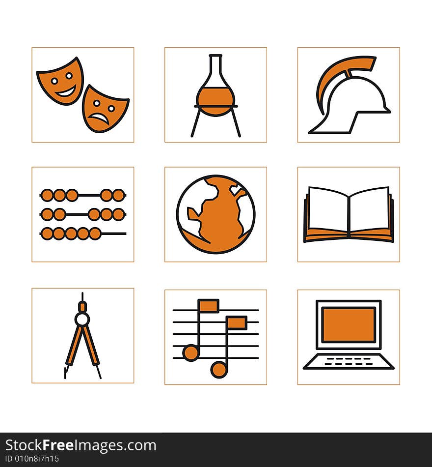 Stylised icons of scool subjects 1 in orange. Stylised icons of scool subjects 1 in orange