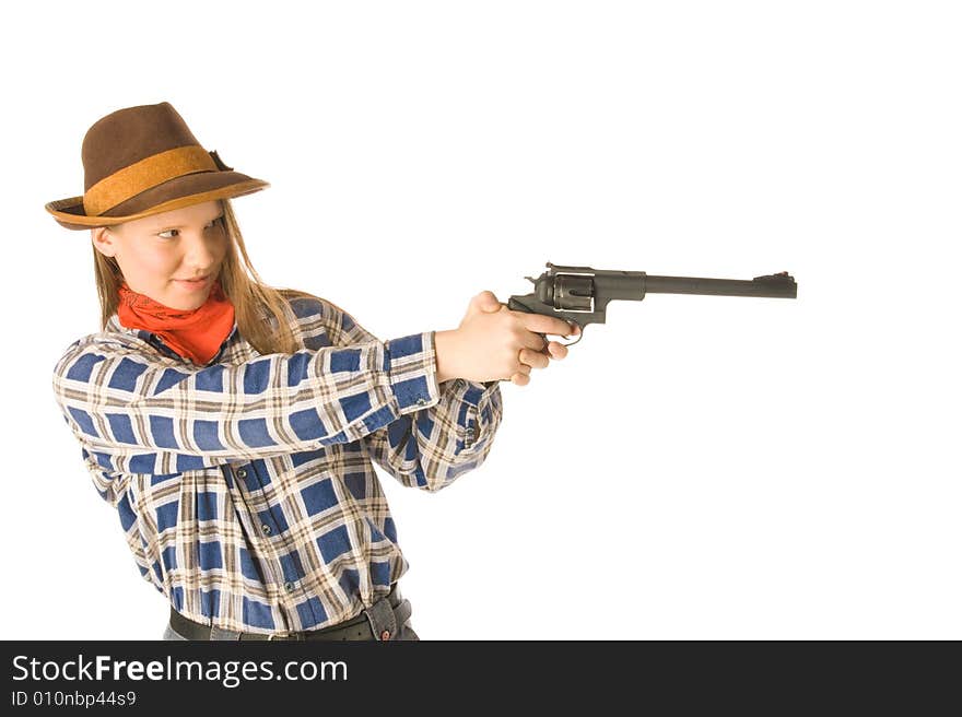 An isolated photo of a cowgirl with a gun