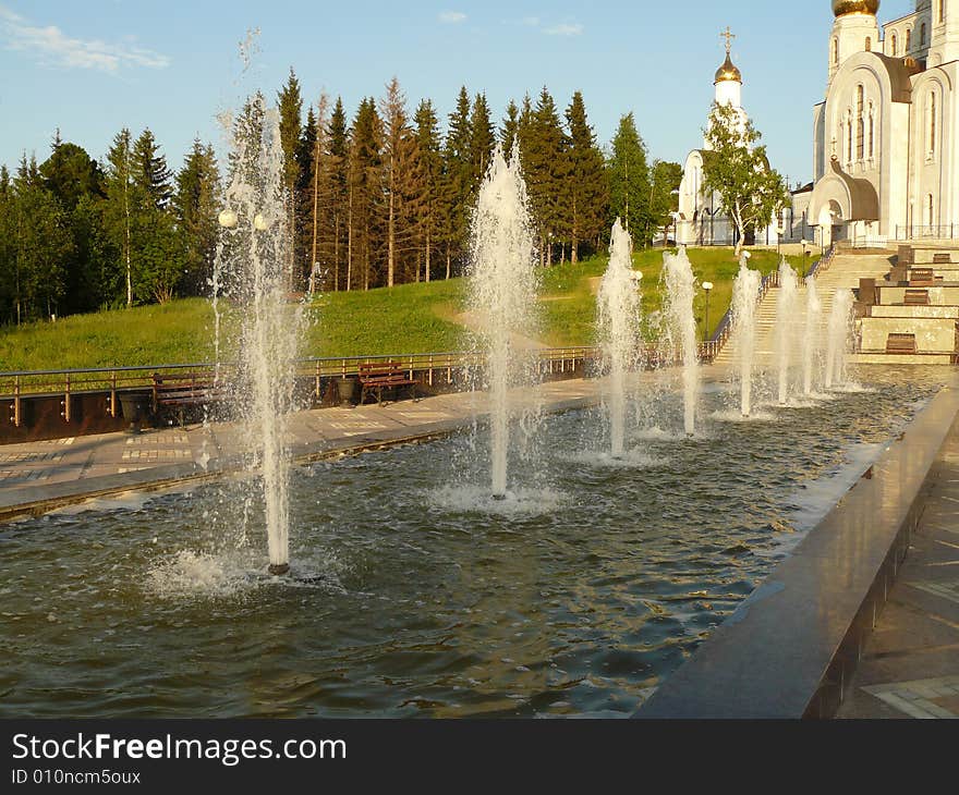 Church cathedral on high mountain, on rise falls are located. Church cathedral on high mountain, on rise falls are located.