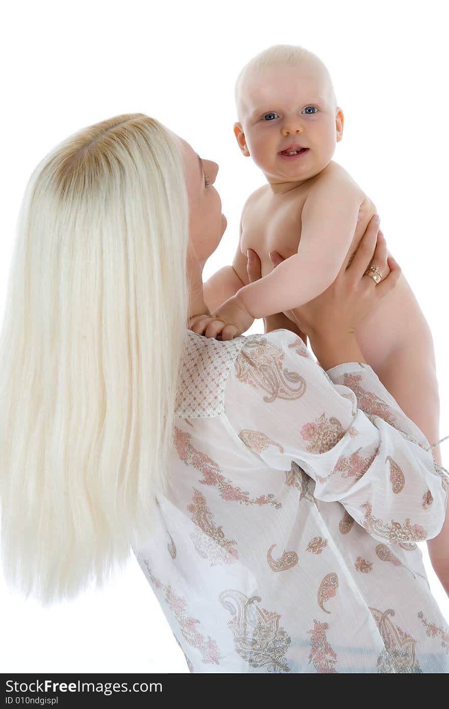 Happy mother with baby over white