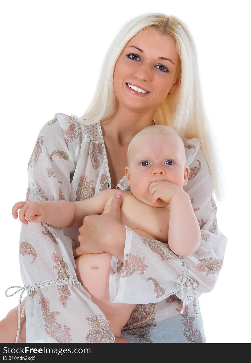 Happy mother with baby over white