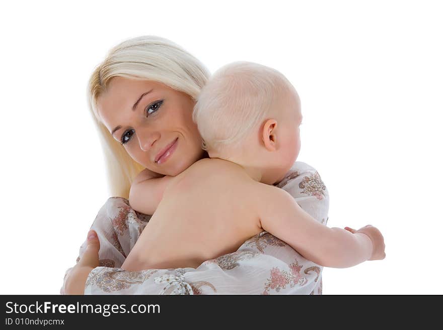 Happy mother with baby over white