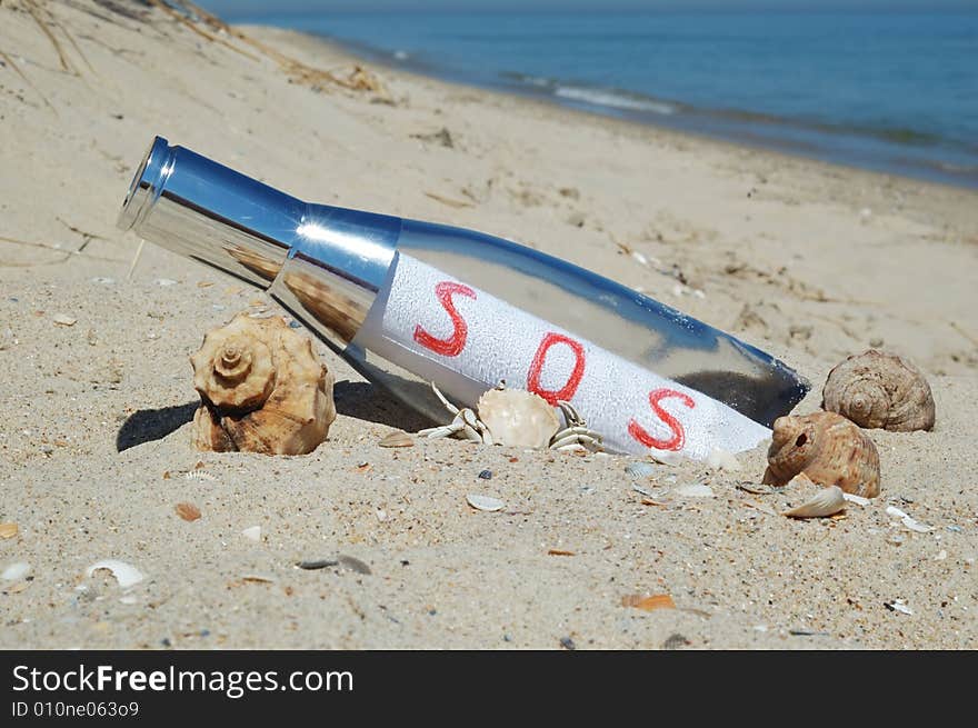 Message in a bottle with SOS signal