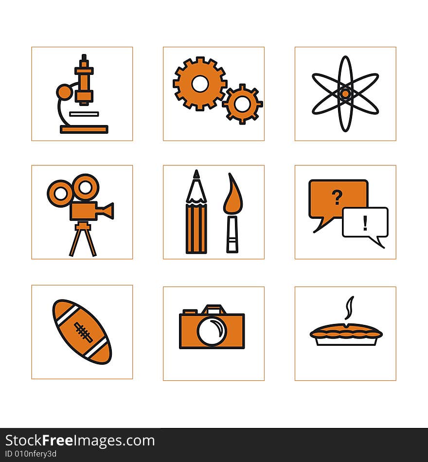 Stylised icons of school subjects2 in orange. Stylised icons of school subjects2 in orange