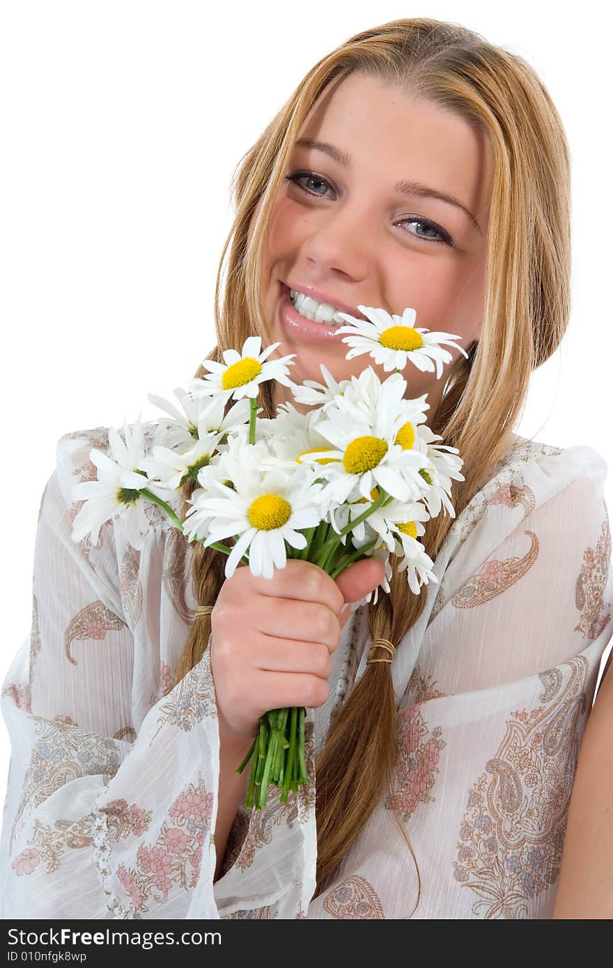 Woman with flowers on white