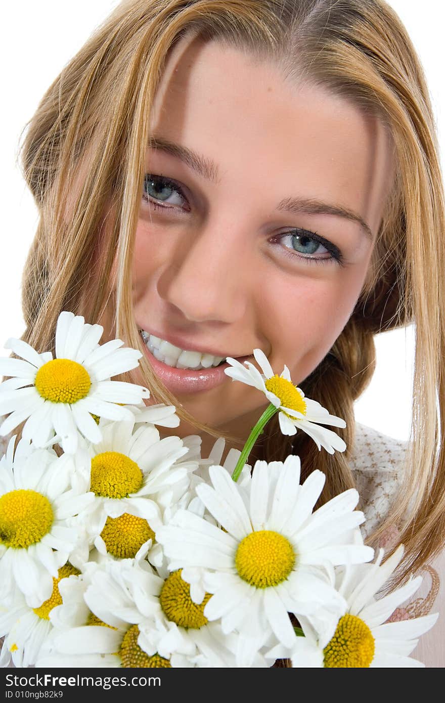 Woman with flowers on white