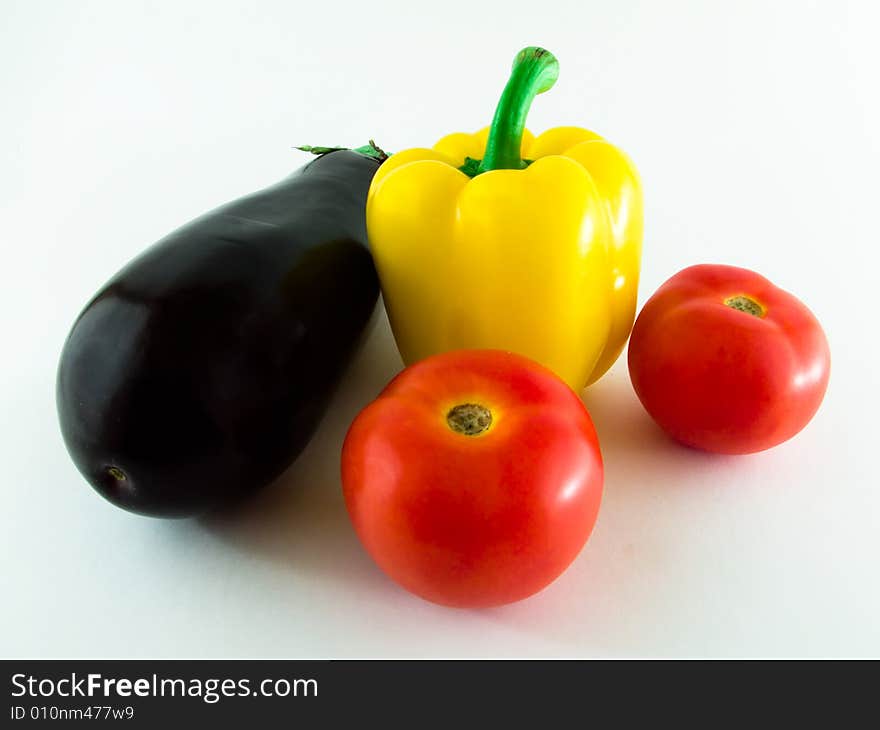 Vegetables, two tomato, pepper, eggplant still life