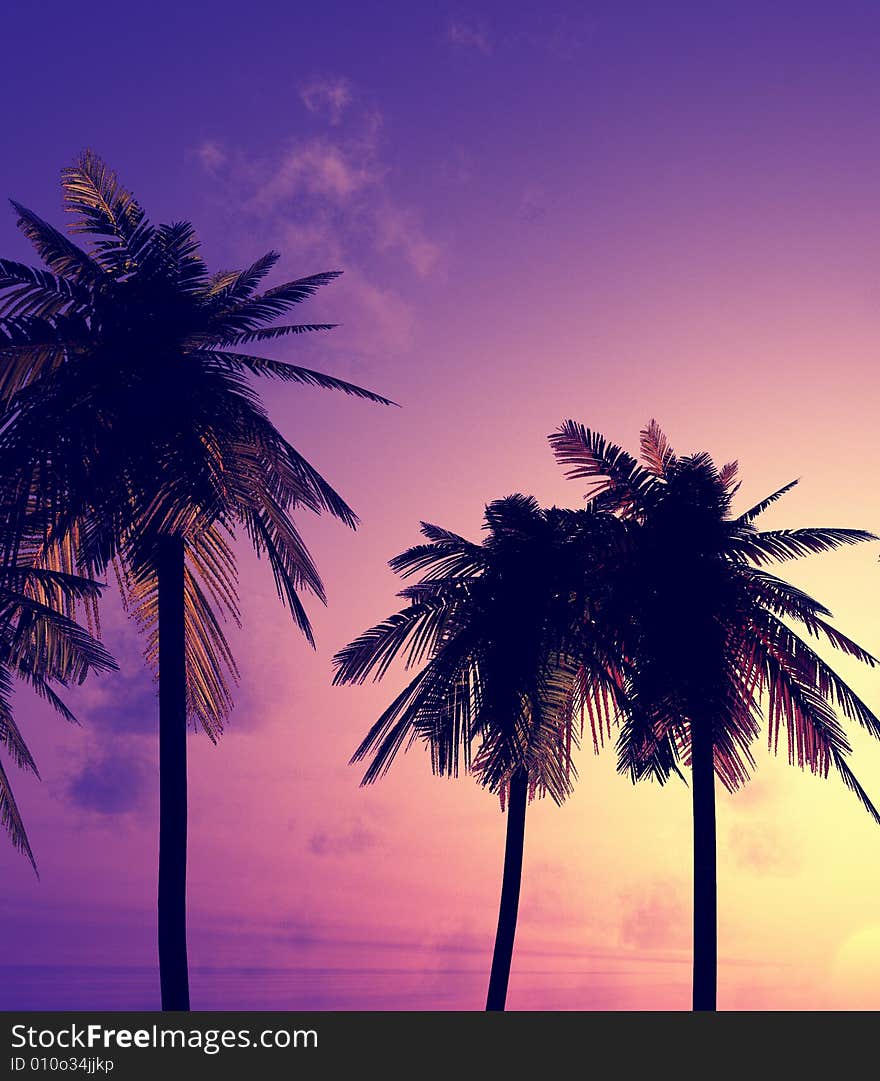 Beautiful sunset with palms. 3d image