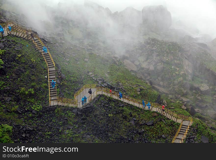 A bridge that lallows people to walk below the Niagara falls. A bridge that lallows people to walk below the Niagara falls