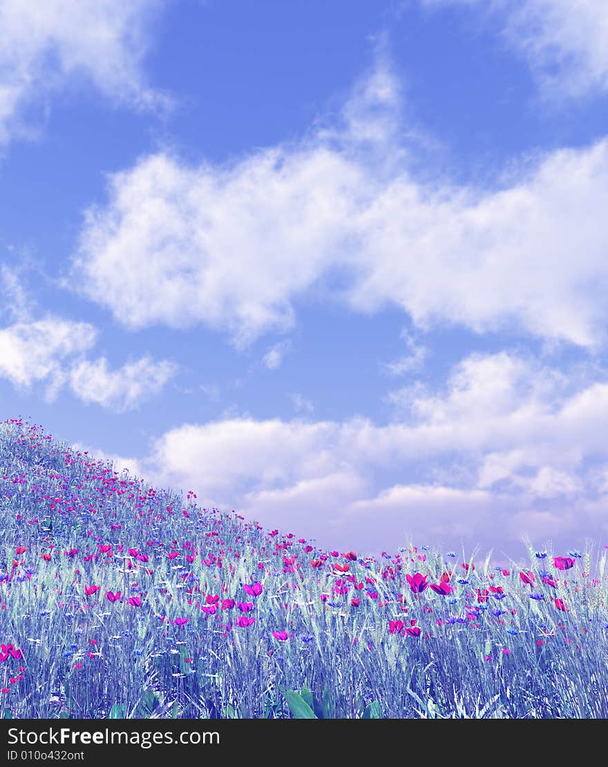 Beautiful field of flowers. 3d image. Beautiful field of flowers. 3d image