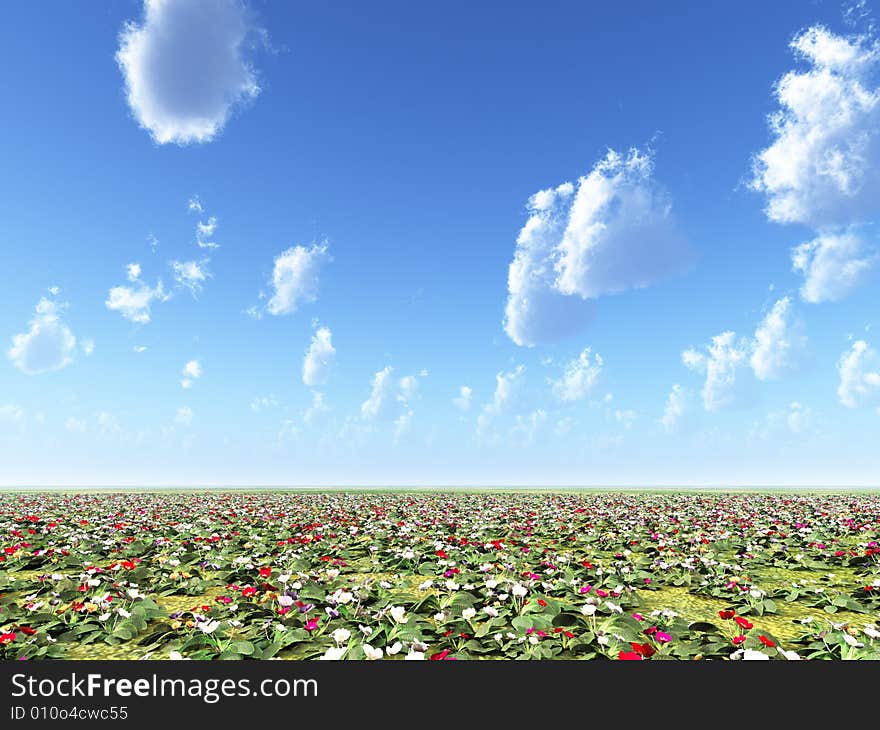 Beautiful field of flowers. 3d image. Beautiful field of flowers. 3d image