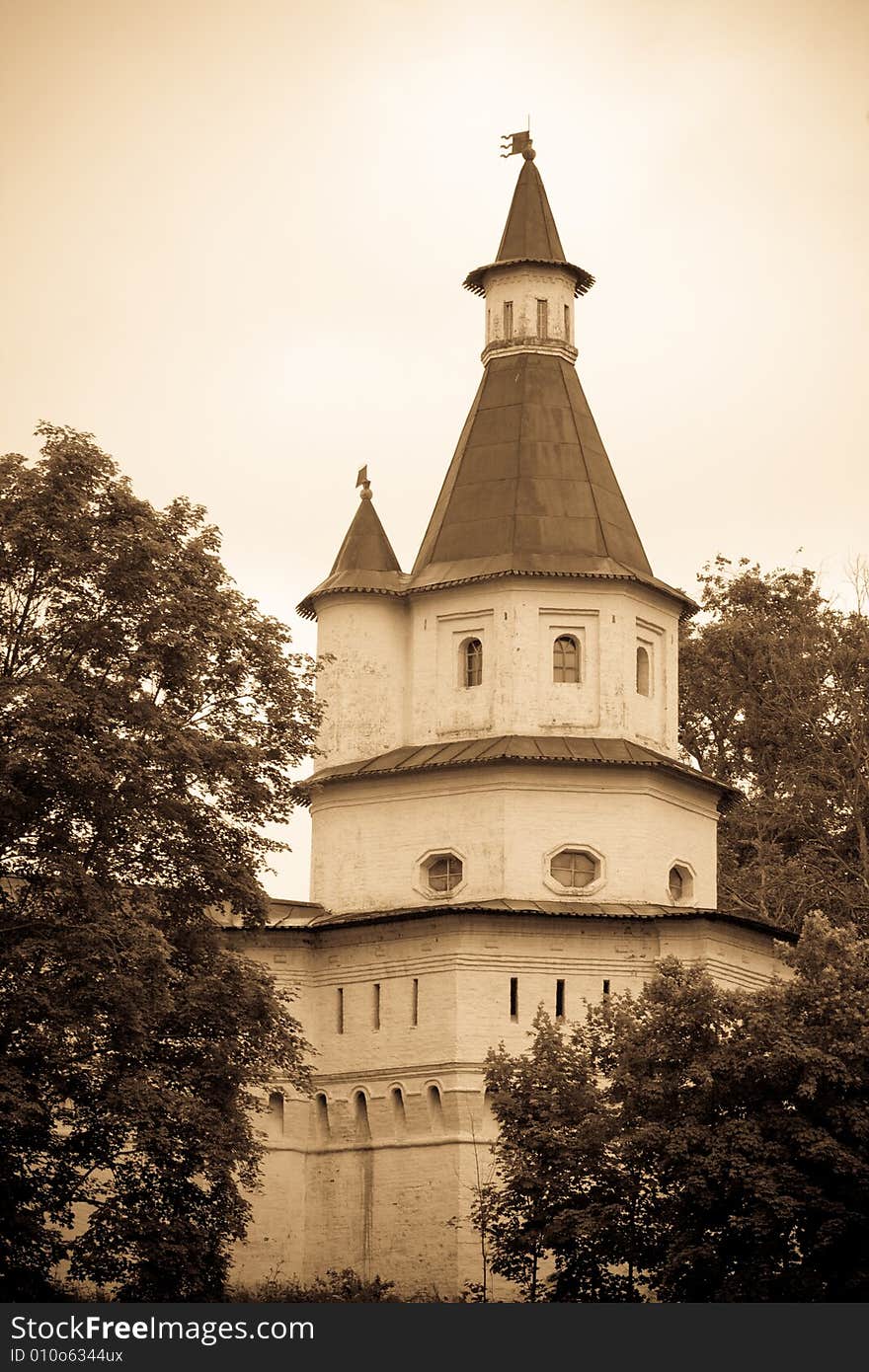 Aged photo: tower in monastery New Jerusalem. Aged photo: tower in monastery New Jerusalem