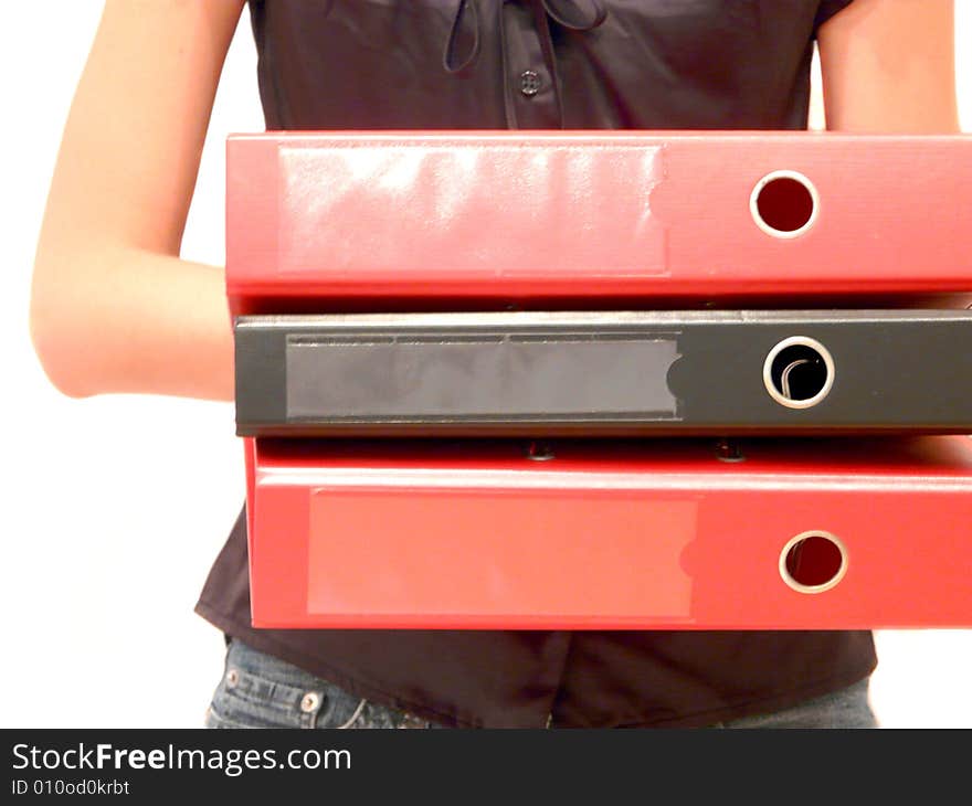 A girl with office folders different colors. A girl with office folders different colors