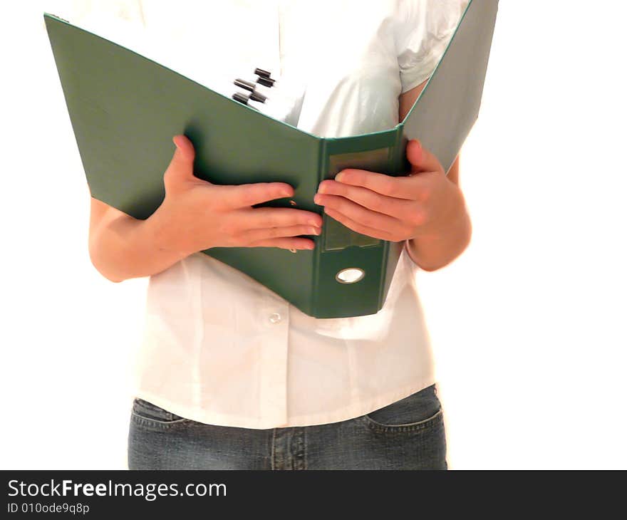 Girl with green big folder in hands