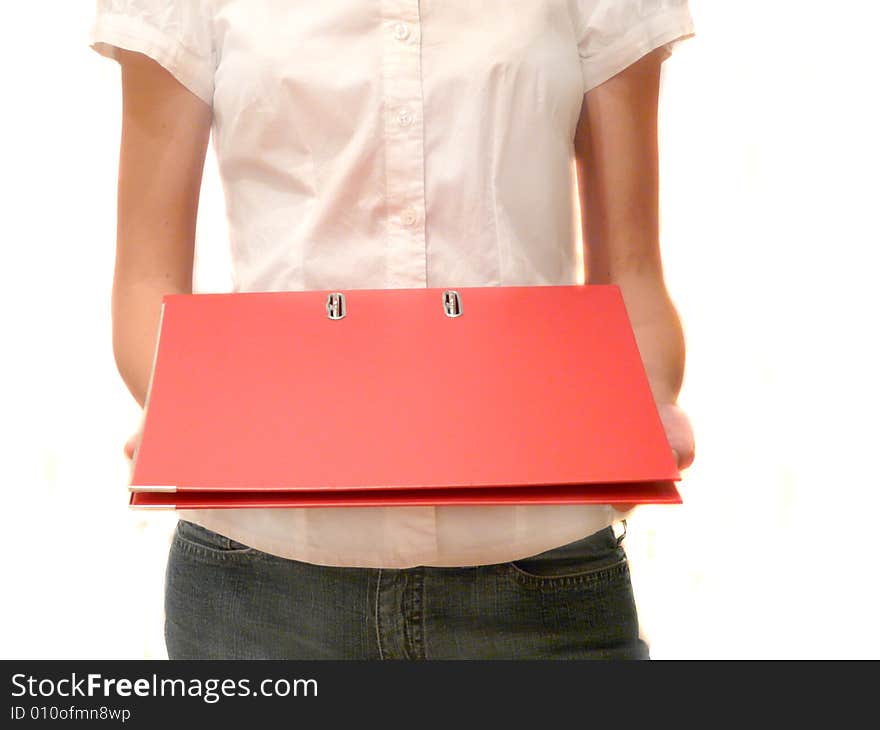 A girl with office folder red color close-up. A girl with office folder red color close-up