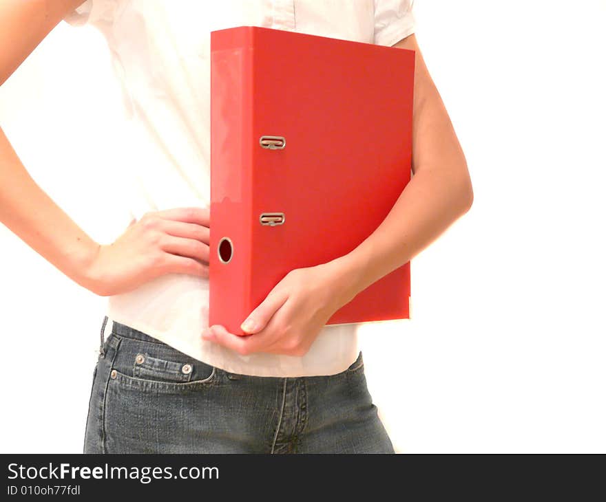 Girl with red office folder in hand