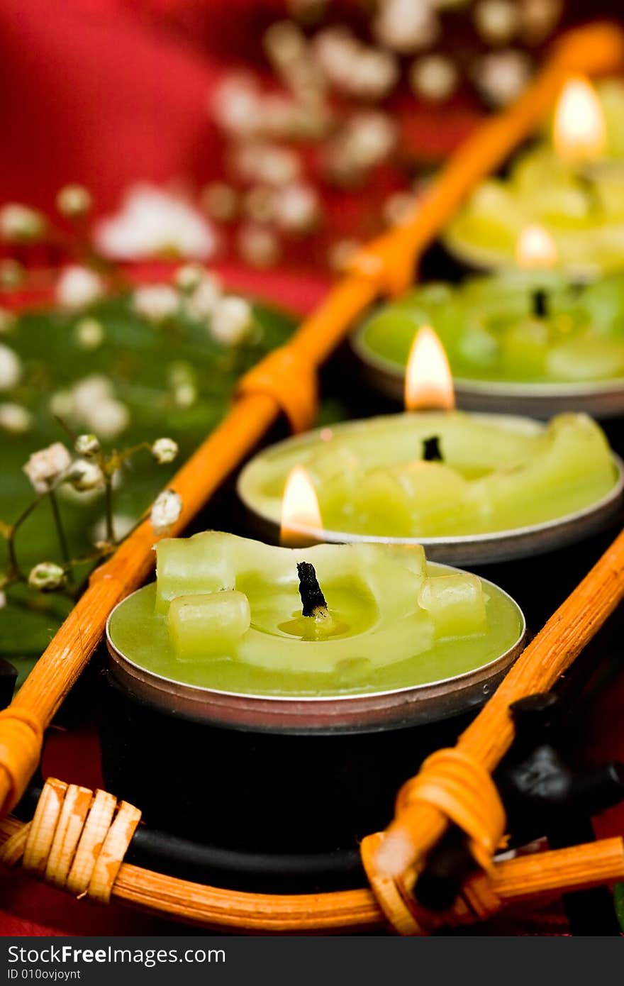 Row of green candles and white flowers