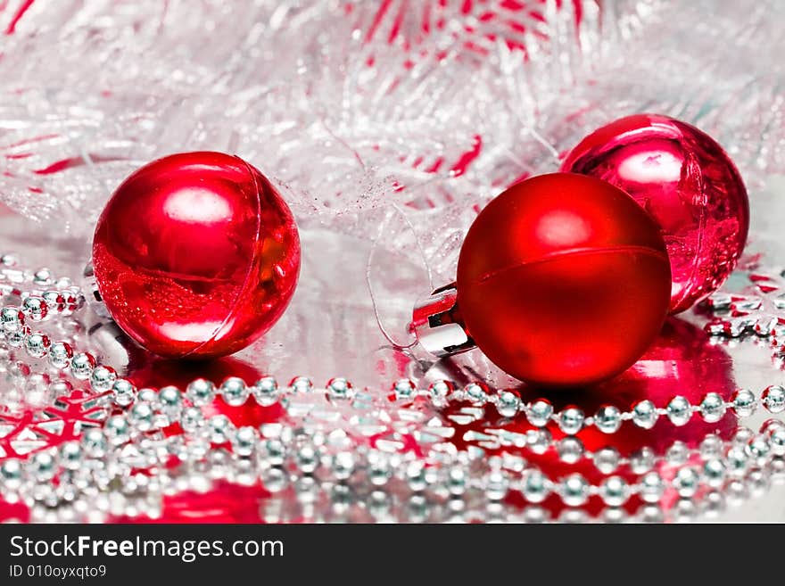 Red Christmas balls with silver tree