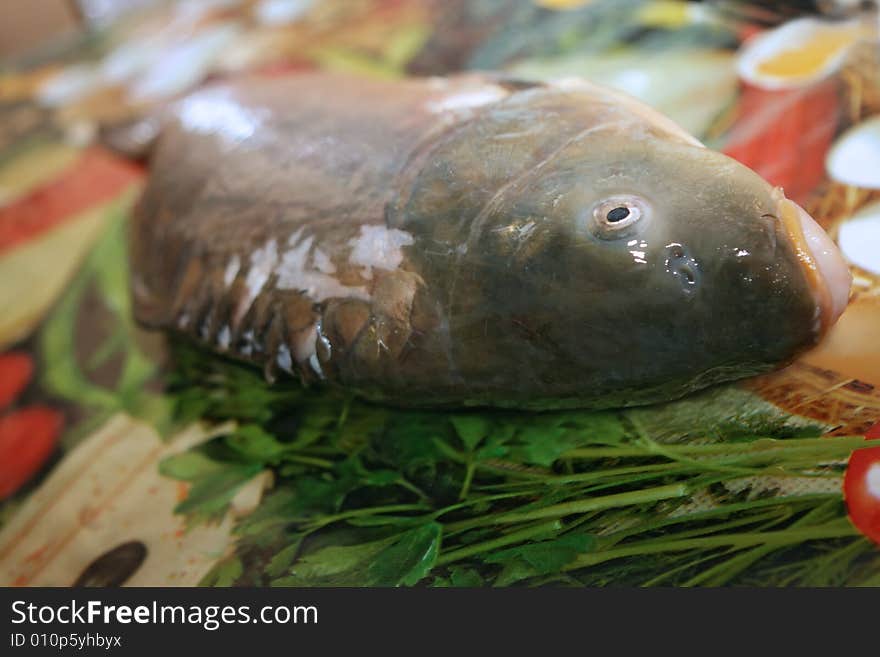 Fresh fish on kitchen table. Sharp focus on the heard.