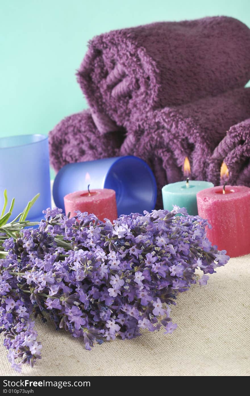 Bunch of lavender with bath towels, selected focus.