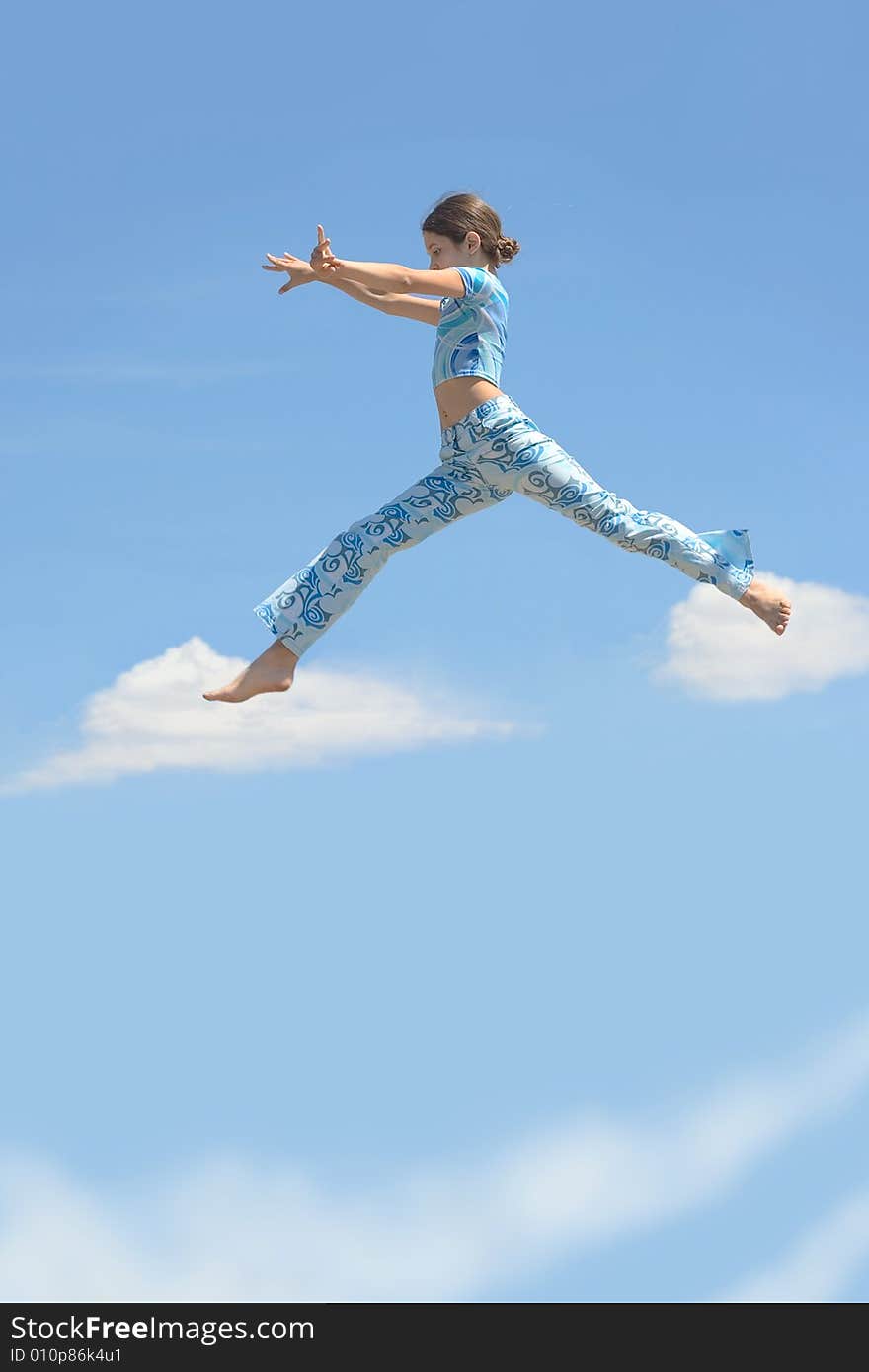 Beauty Girl Jump On Sky Clouds