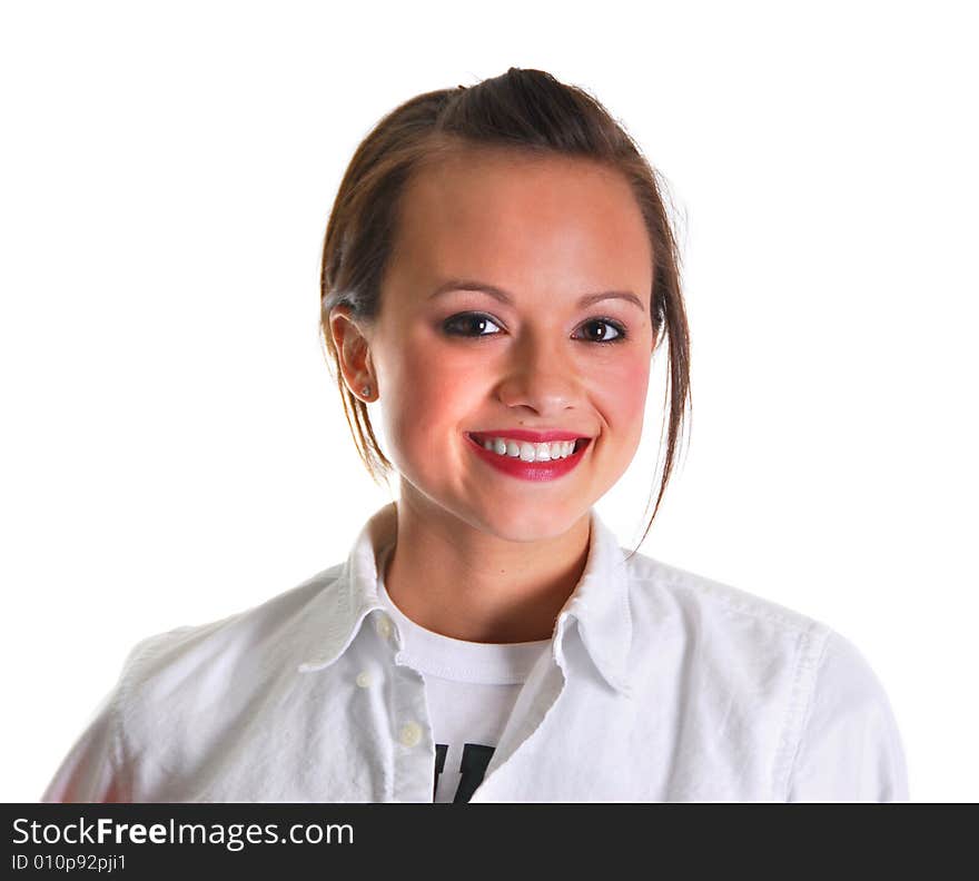 A smiling, pretty young woman isolated on white background. A smiling, pretty young woman isolated on white background.