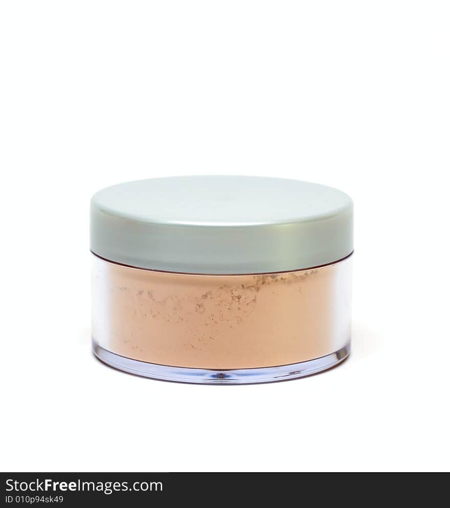 Cosmetic powder in jar isolated on white for your design