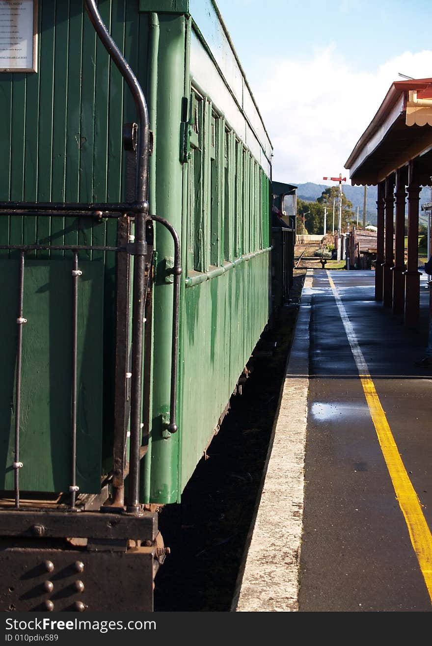 Old wooden railway carriage of the type used in 1940's standing at the historic, restored Waihi Railway Station. this a small town station, now only used for tourist trips. Old wooden railway carriage of the type used in 1940's standing at the historic, restored Waihi Railway Station. this a small town station, now only used for tourist trips.