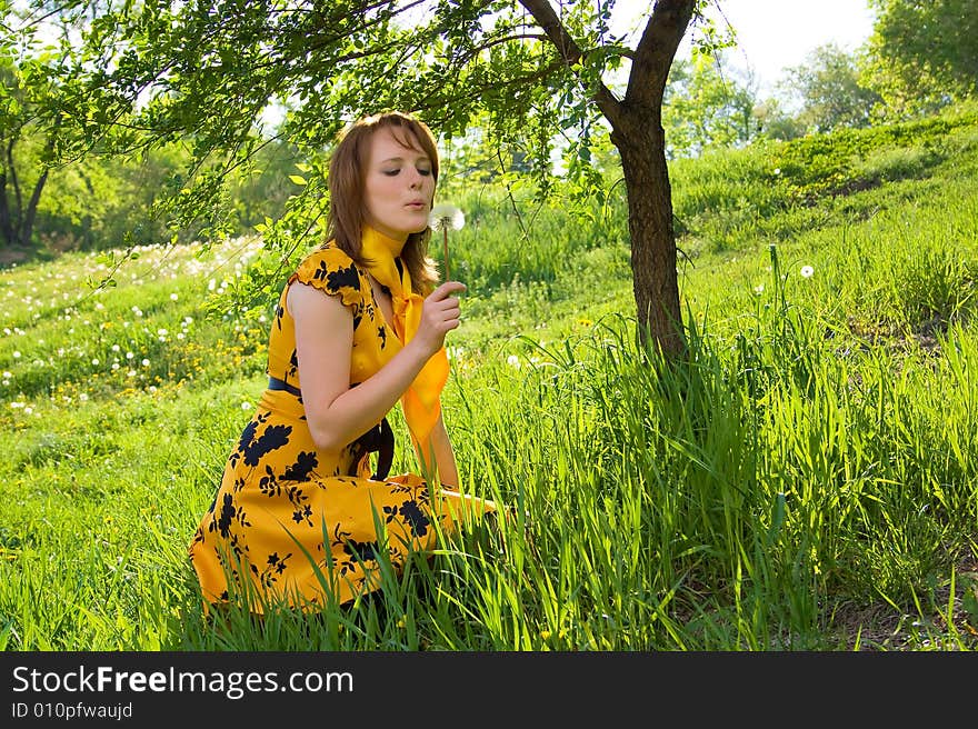 Girl in park siting on green grass and playing with dandelion. Girl in park siting on green grass and playing with dandelion